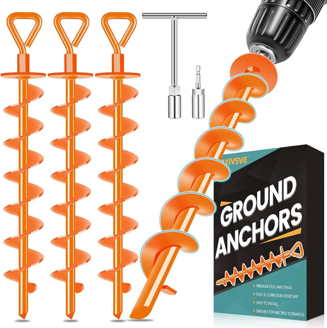 Ground Anchors Screw in, Heavy Duty Ground Trampoline Stakes High Wind Tent Stakes for Tent, Trampoline, Gazebo, Carport, Trap Anchor, Canopies, Swing Set (4x15", Orange)