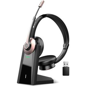 Wireless Headset, Bluetooth Headset with Microphone Noise Canceling & USB Dongle, Wireless Headphones with Mic Mute & Charging Dock for PC Computer Cell Phone Remote Work Office Zoom Meetings Call