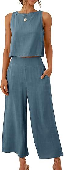 Women's Summer 2 Piece Outfits Sleeveless Crop Top Pants Size XXL, Gray Blue