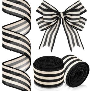 Moukeren 2 Rolls Black and Cream White Stripe Wired Edge Ribbon Halloween Rustic Ivory Boho Black and White Ribbon for Christmas Party Gift Wrapping Bow DIY Craft Home Decor(1.5 Inch, 20 Yard)