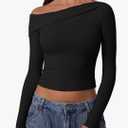 QINSEN Women Long Sleeve Off Shoulder Tops Trendy Double Lined Going Out Shirt for Fall, XS Size