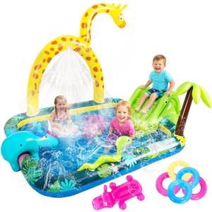 Inflatable Jungle Animal Play Center, Inflatable Water Park Kiddie Pool with Slide, Water Sprayer for Summer Outdoor Splash, Backyard and Garden 102.5" x75" x 54.5"