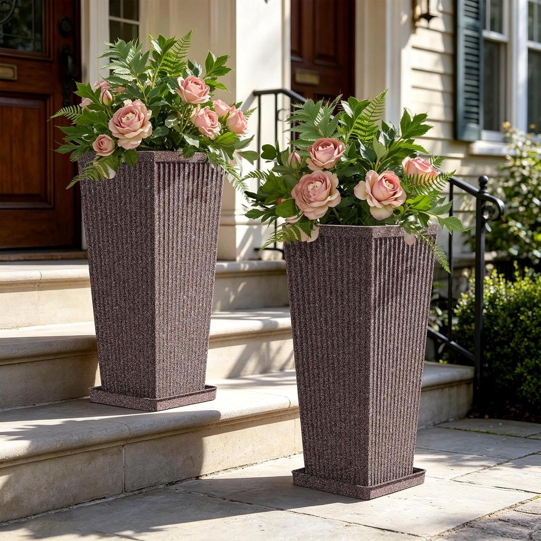 Taper Tall Planters for Outdoor Plants Set of 2, 24 Inch Faux Stone Large Outdoor Planters for Porch with Drainage Tray Saucers & Holes, Fluted Tall Indoor Flower Pots for Patio Balcony, Brown
