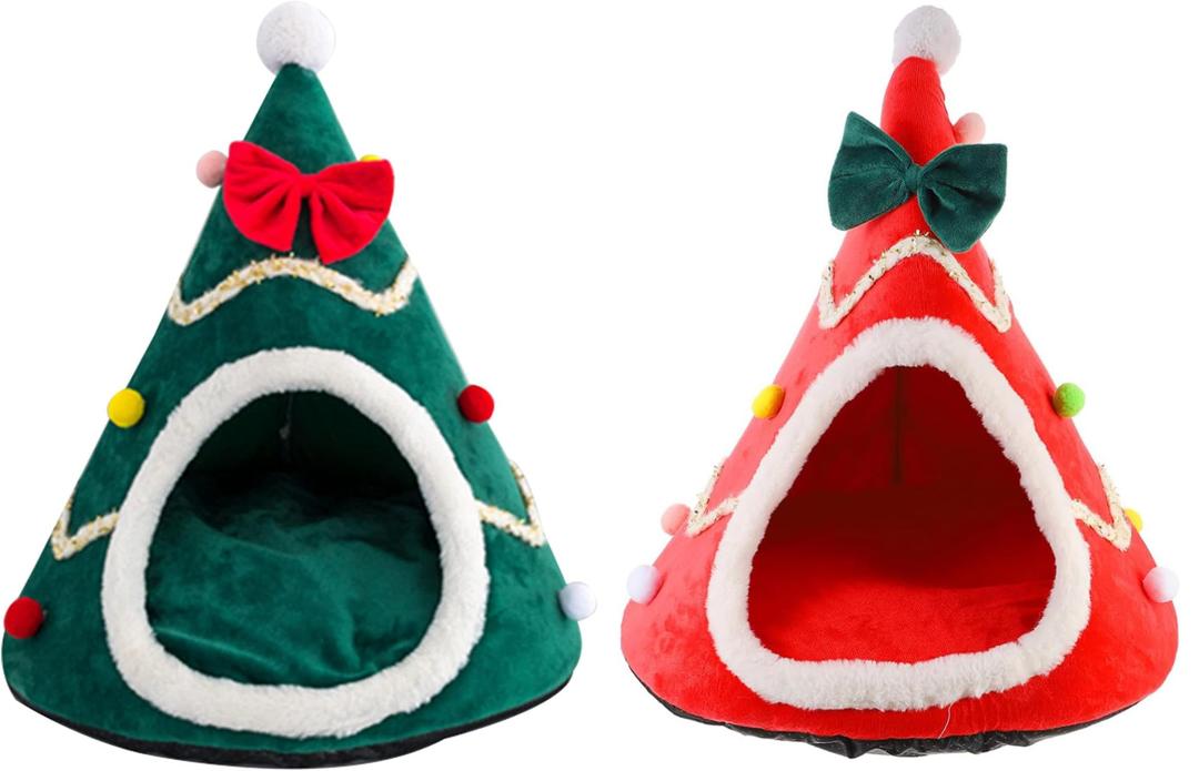Christmas Tree Cat Bed for Indoor Cats House Tent with Detachable Pillow Xmas Cave Beds for Pets Cats and Dogs (Green,  Red) 2 Pack