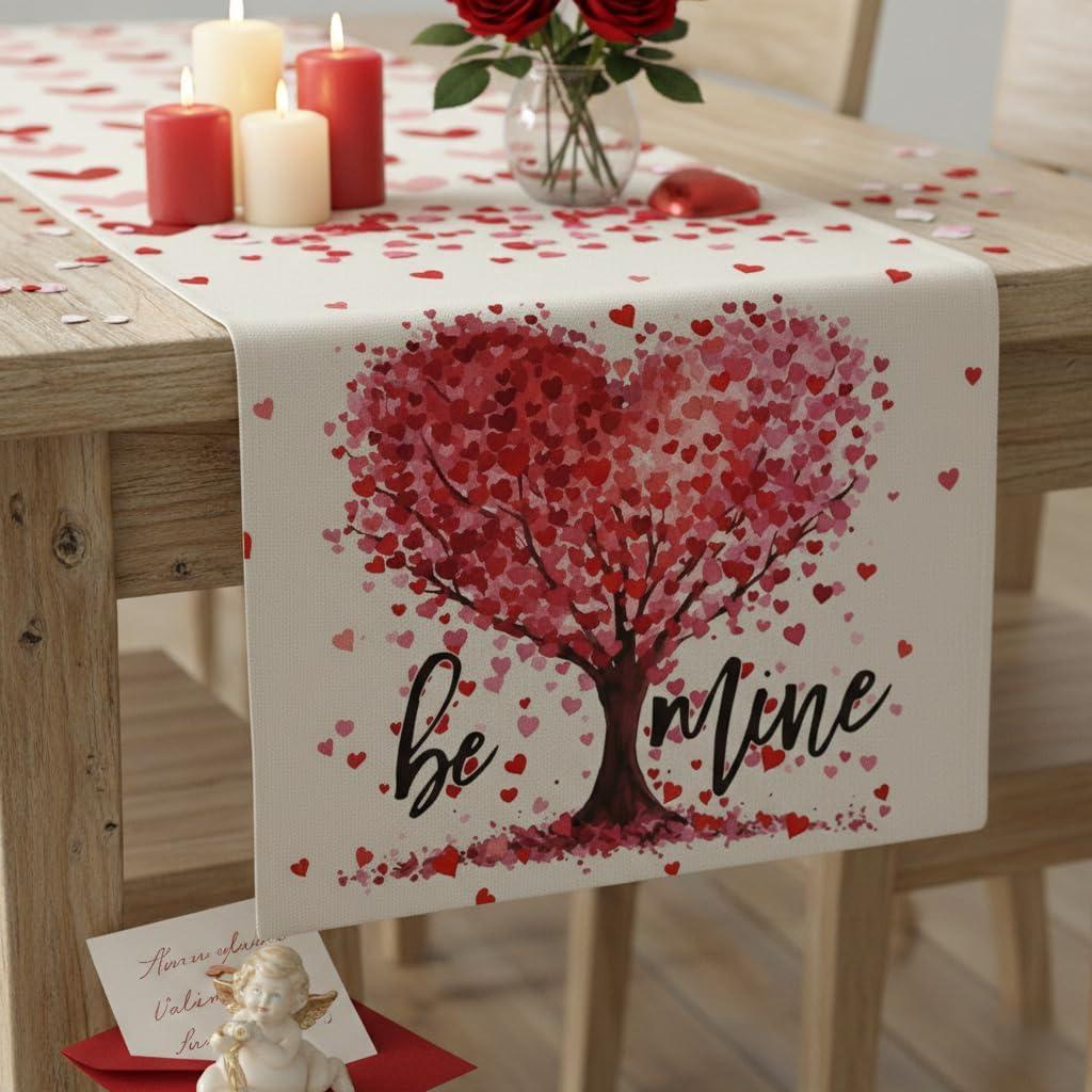 2 x Valentines Day Table Runner for Valentines Day Decor Table, Valentine Runner for Dining Kitchen Table, Table Runner Hearts, 13x72 Inch (Be Mine Heart Tree)
