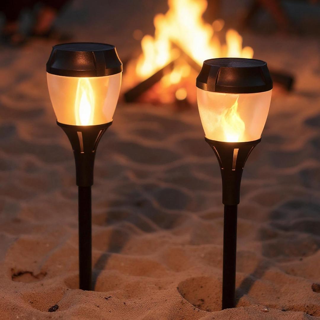 FoxFlame Solar Path Lights Outdoor Waterproof-Realistic Flickering LED Flame,IP65 Pathway Lights Solar Powered Warm Light for Garden and Walkways,Ground Stake Included for Easy Setup(2 Pack)