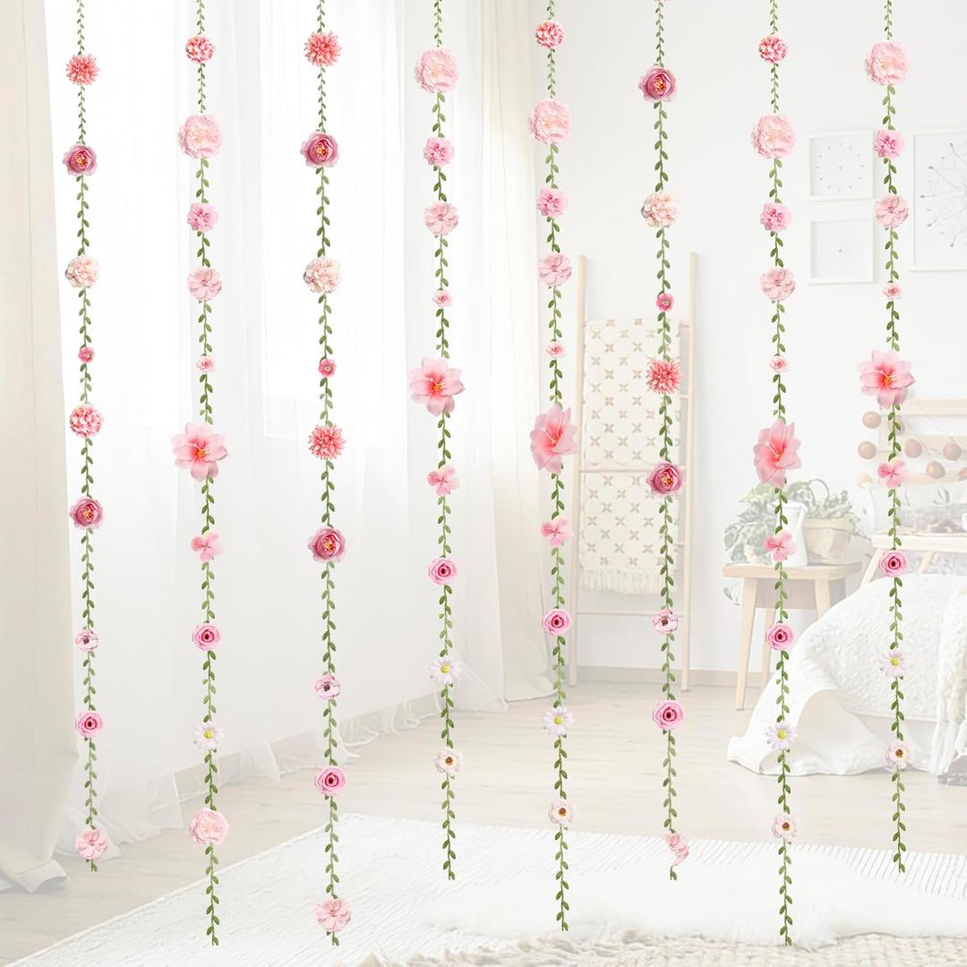 6 PCS Artificial Rose Flowers Hanging Decorations, Flower Hanging Garland Banner for Wedding Party Background Birthday Anniversary Arch Decor (Green Leaves)