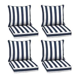 Arden Outdoor Deep Seat Cushion Set (4-Pack), 24 in x 24 in, Weather-Proof, Rain-Proof, Fade Resistant Patio Cushion for Chair, Sofa, and Couch Sapphire Blue Cabana Stripe