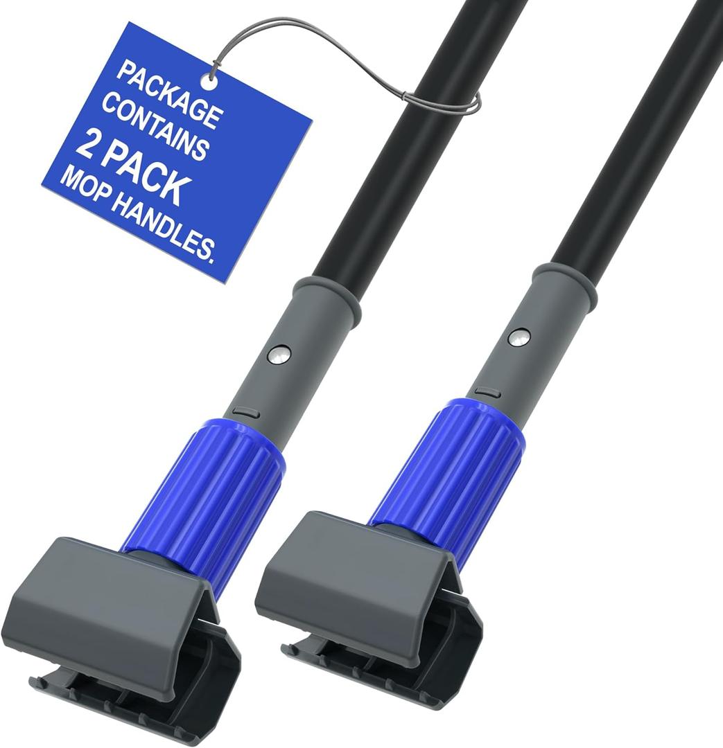 2 Pack Mop Handle Commercial Heavy Duty, 57.5 inches Long Industrial String Mop Stick Replacement Pole with Upgraded Jaw Clamp for for Floor Cleaning (Blue)