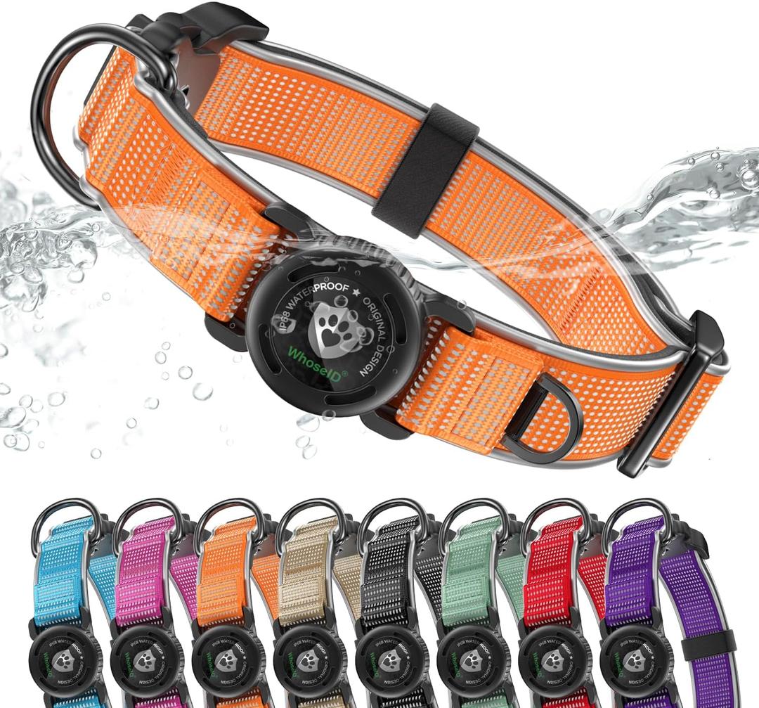 WhoseID AirTag Dog Collar, Waterproof Reflective Dog Collar with AirTag Holder and Magnetic Buckle, Heavy Duty Pet Collar for Dogs, Orange, One Size