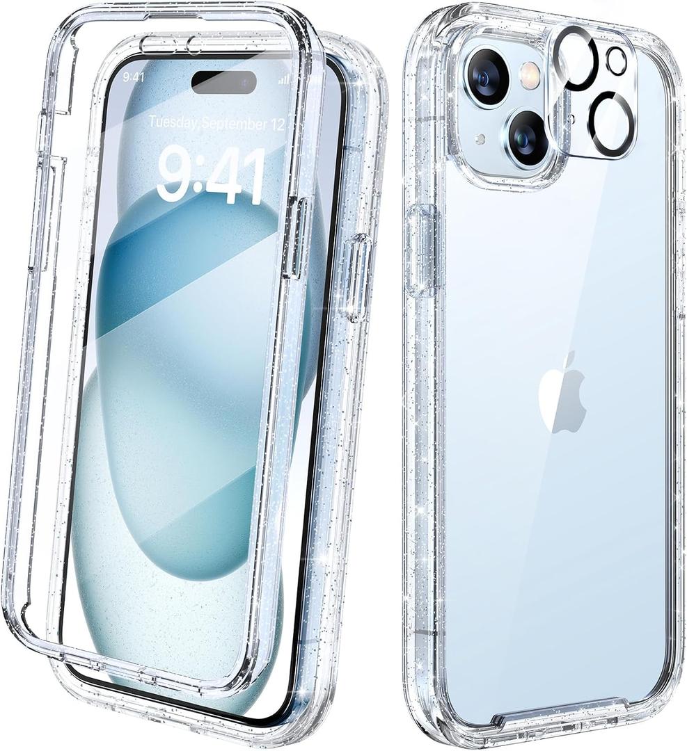 Diaclara Designed for iPhone 15 Case, Full Body Rugged Case with Built-in Touch Sensitive Anti-Scratch Screen Protector, with Camera Lens Protector for iPhone 15 6.1" (Clear Glitter)