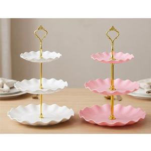 Soleebee 3-Tier Cupcake Stand, Wavy Plastic Tiered Serving Tray, Cup Cake Tower for Birthday Wedding Party Decoration, Cupcake Tier Stand Fruits Desserts Display (Pink and White) 2 Pack