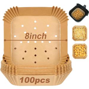 BYKITCHEN Square Air Fryer Liners for 2 to 5 Qt, Set of 100, 8 Inch Perforated Small Air Fryer Parchment Paper, Mini Air Fryer Filters for Basket, Compatible with Chefman, Instant Vortex, Dash & More