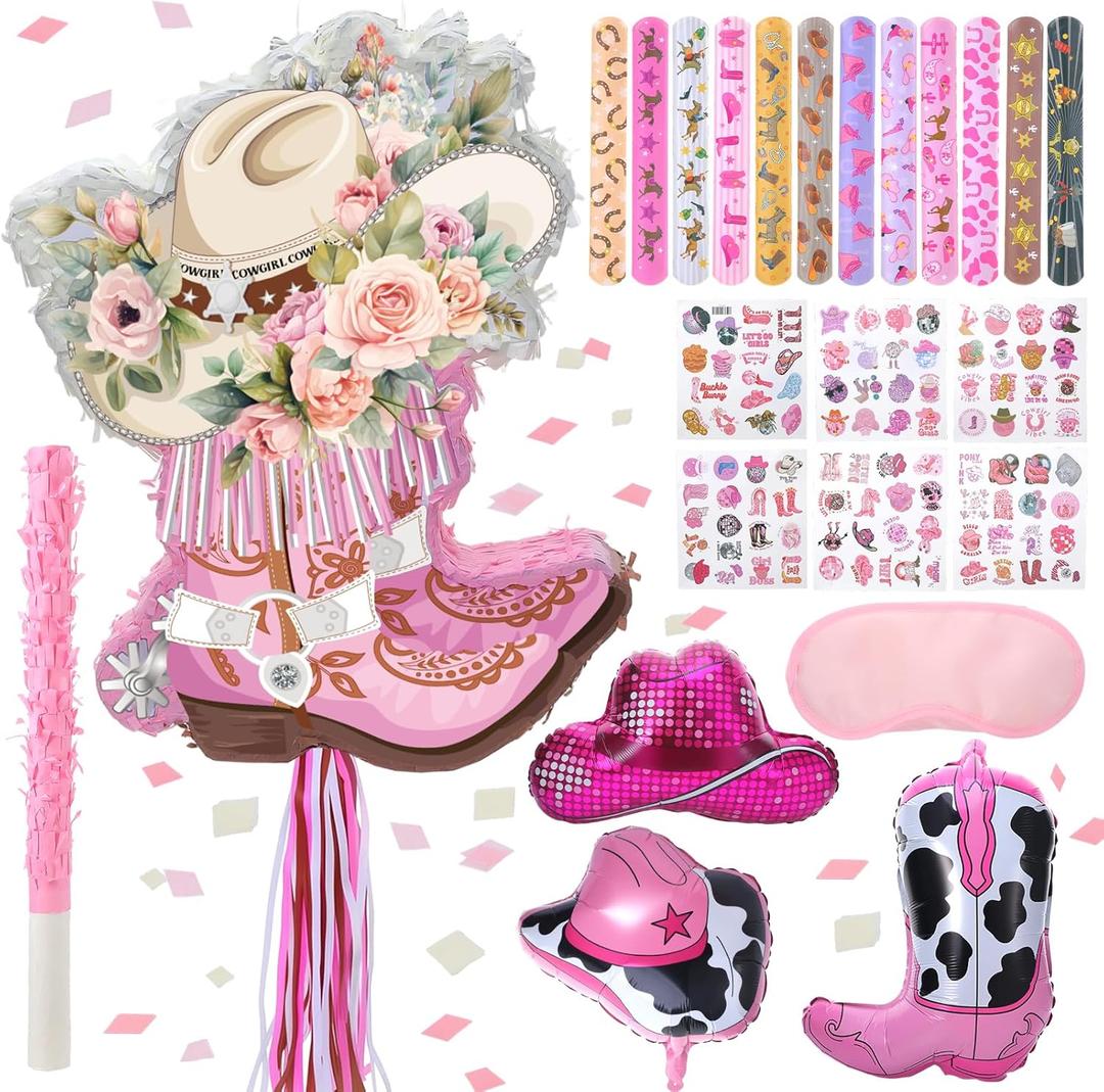 119pcs Cowgirl Boot Piñata Western Hat Piñata with Blindfold Hitting Stick Confetti Balloons Snap Bracelets Stickers for Birthday Party Supplies (16.53 x 11.81 x 2.75 inch)