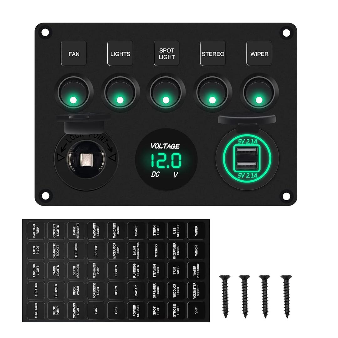 Geloo 5 Gang Rocker Switch Panel for Boat, 12V Marine Switch Panel Waterproof, Aluminum Toggle Switches Panel with 4.2A USB Port Digital Voltmeter for Boat Car RV Truck (Green)