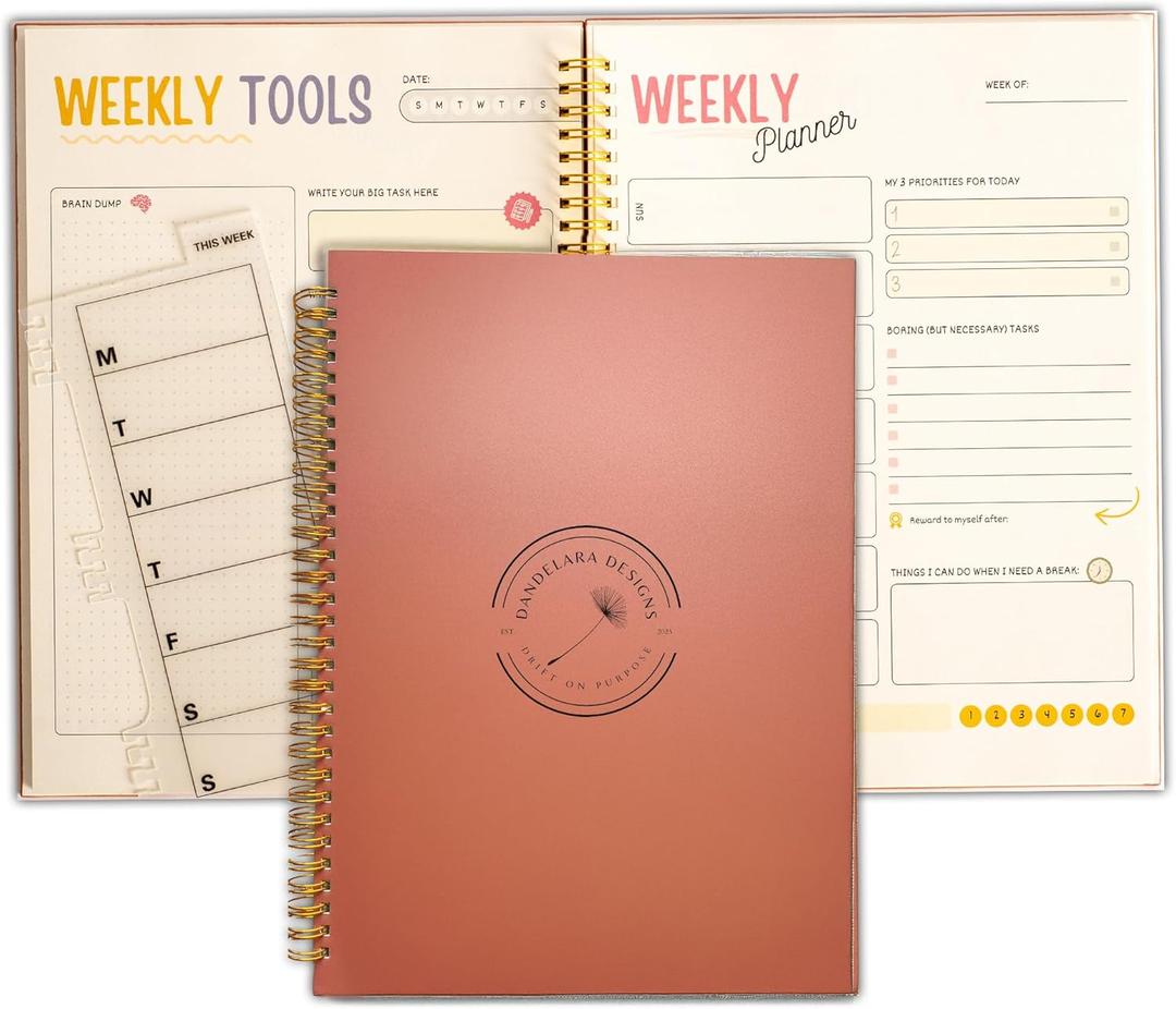 ADHD Planner- Large format 8.5 x 11 for Neurodivergent Minds: Undated Daily, Weekly, Monthly Organizer for Adults, Women, Teens, ADHD Student Organizer with Snap-In Dry-Erase Tool, Vegan Leather, Chocolate Mousse Pantone Color