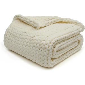 YnM Velvet Weighted Blanket, Handmade Chunky Knitted Design, Soft and Cozy, Temperature Regulating and Breathable, Machine Washable Throw for Sleep or Home Decor (Cream, 60x80 Inch, 15lbs)