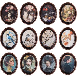 Weysat 12 Pcs Miniature Dollhouse Accessories 1/12 Scale Vintage Dollhouse Picture Frames Set with Printed Paintings Antique Art Wall Picture for Small House DIY Craft Art Projects Gift