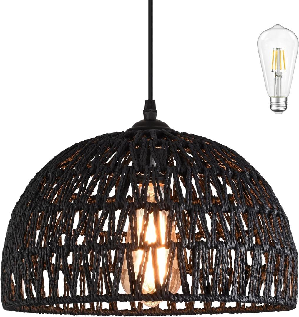Black Woven Pendant Light Boho Chandelier Light Fixture Wicker Pendant Light Rattan Light Pendant Woven Light Fixture Dome Pendant Light for Dining Room Bedroom Kitchen Island (Bulb Incl) (12.2" Black)