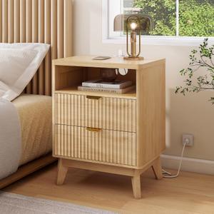 LYNCOHOME Fluted Nightstand with Charging Station, 19.7 inch Wide End Table with 2 Drawers, Modern Wood Bedside Table for Bedroom,Natural,1 Pcs