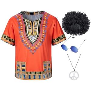 Kids Hippie Costume for Boys Girls 60s 70s 4 Pcs T-Shirt Afro Wig Set for Halloween Party Cosplay 3-5 Years