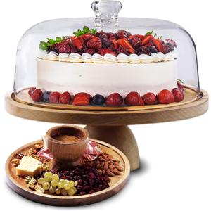 Cake Stand with Acrylic Dome Lid 2-in-1 - Multifunctional Round Shatterproof Dessert Table Display Set with Acacia Wood Serving Platter, Veggie Tray, Fruit Bowl - Party Cake Display