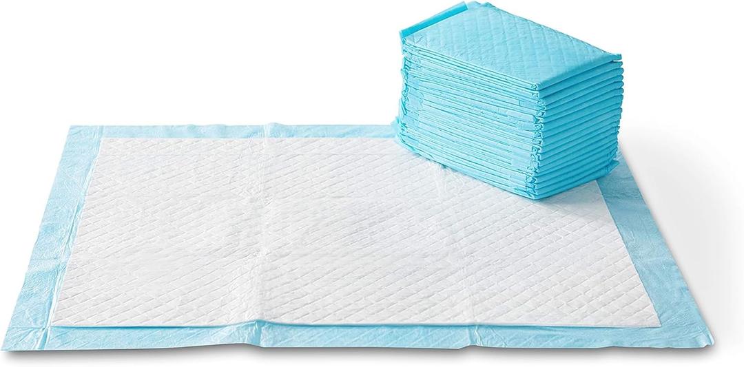Amazon Basics X-Large Heavy Duty Absorbent Puppy Potty Pads, Leak-Proof, Quick-Dry, Super Absorbent Gel Technology for Dog Training, 28 x 34 Inches, Blue & White, Pack of 50