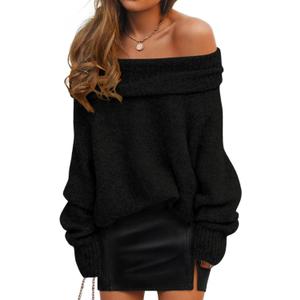 ZESICA Women's Off The Shoulder Spring Sweaters Oversized Long Sleeve Pullover Tops 2026 Fashion Outfit Clothes (Black, L)