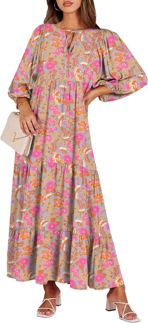 ANRABESS Womens Boho Maxi Dresses 2026 Summer V Neck Puff Sleeve Floral Flowy Swing Fall Casual Long Dress XL