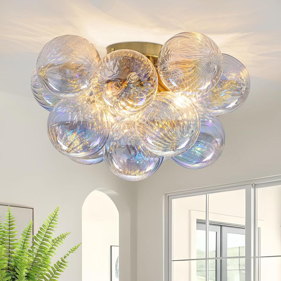 Semi Flush Mount Ceiling Light 18.5"-Glass Bubble Chandelier Lighting Modern Hallway Light Fixtures Brushed Gold with 13 Swirled Colorful Globe for Dining Room Kitchen Bathroom Entryway Bedroom