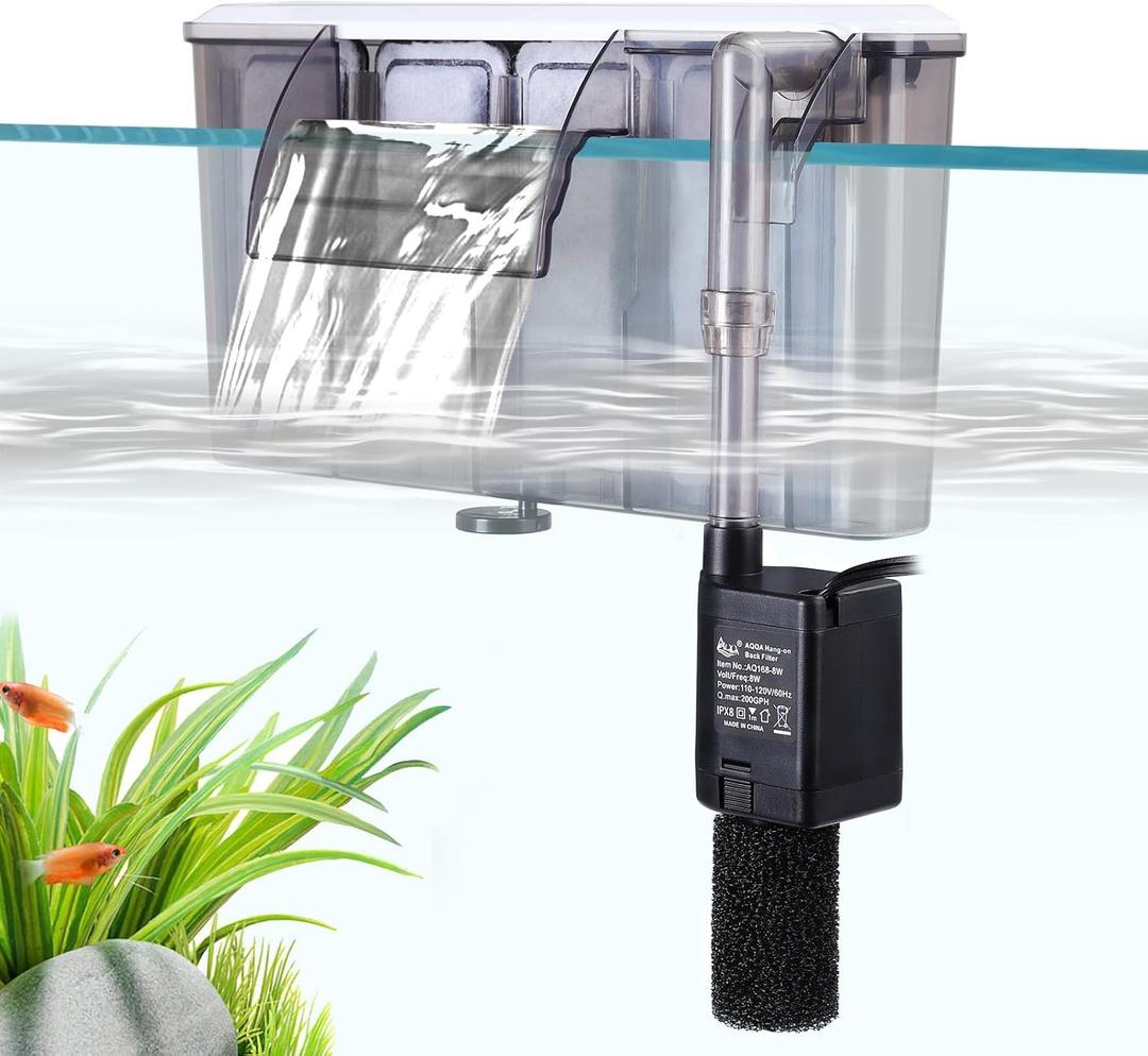 AQQA Quiet Hang on Back Aquarium Filter for 30-50 Gallon, Fish Tank Filters with Adjustable Flow, Auto Start Powerful Filtration HOB Filter, Easy Install for Freshwater Aquariums,8W 200GPH