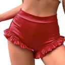WDIRARA Women's PU Leather High Waisted Booty Shorts Ruffle Hem Skinny Shorts Burgundy Medium (Red)