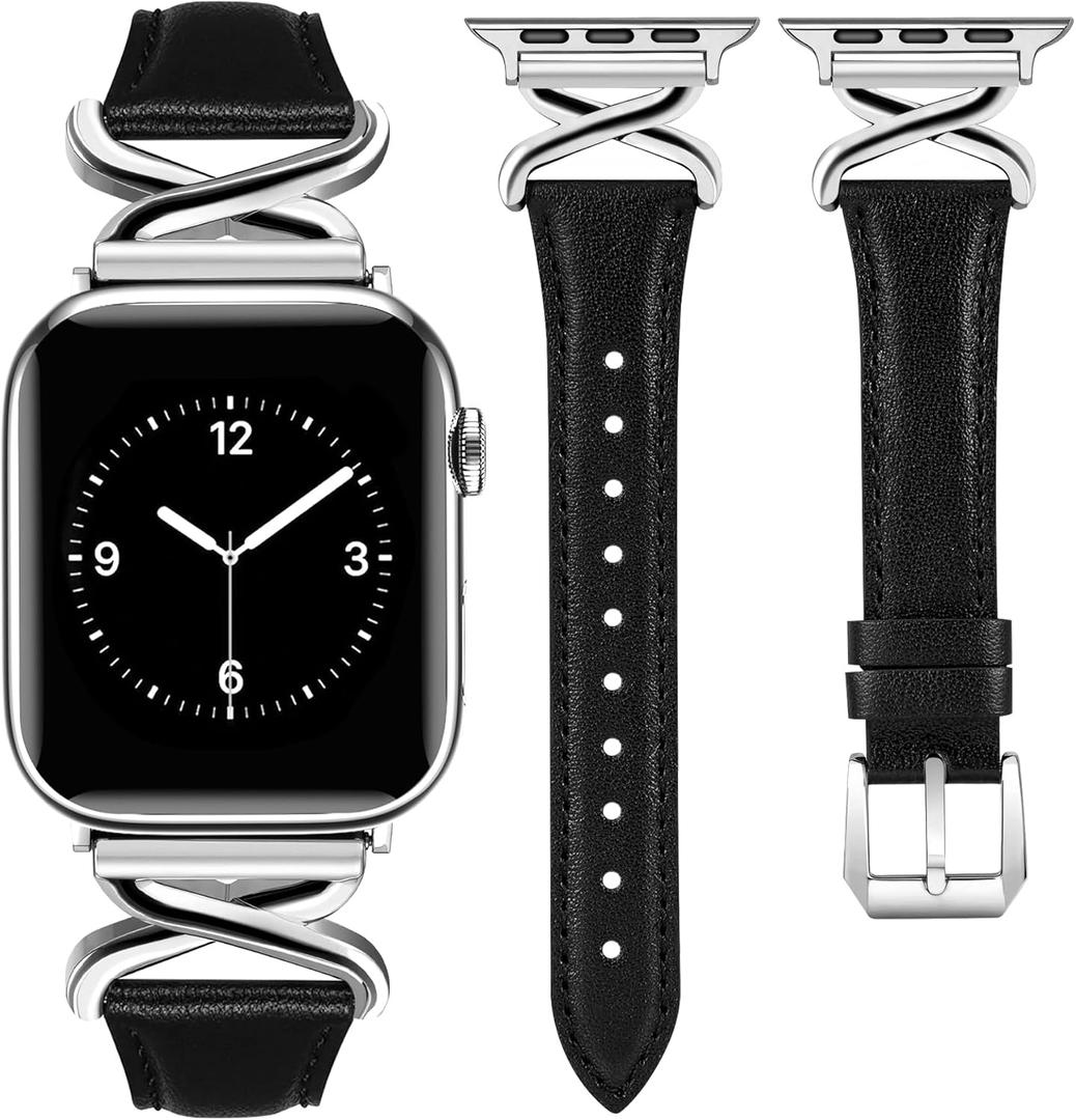 JR.DM Leather Bands Women Compatible with Apple Watch 40mm 38mm 44mm 45mm 41mm 42mm 46mm 49mm Dressy Slim Fancy Designer Strap with X-Shaped Metal Crown for iWatch Series Ultra/SE/11/10/9/8/7/6/5/4/3/2/1