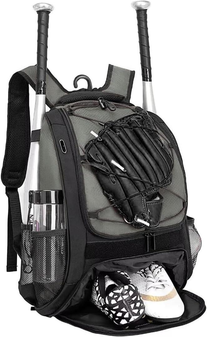 Baseball Bag Softball Backpack - Youth Adult T Ball Bat Equipment Bag with Bat Helmet Holders, Shoe Compartment (Grey)