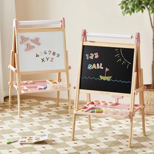 Tiny Land Easel for Kids, Double-Sided Magnetic Easel with Drawing Accessories, Adjustable Wooden Kids Art Easel with Paper Roll, Learning-Toy for 3,4,5,6,7,8 Years Old Boy & Girls Pink
