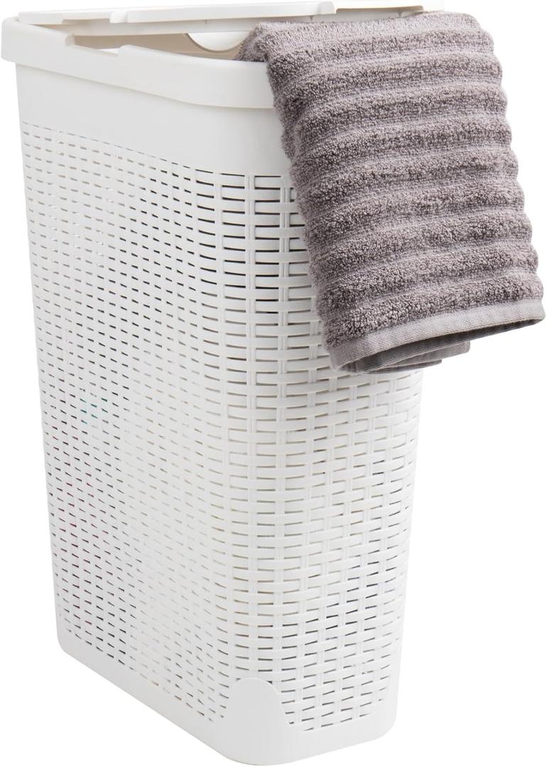 Mind Reader 40L Slim Laundry Hamper, Clothes Basket, Lid, Wicker Design, Plastic, 18"L x 10.4"W x 23.5"H, White