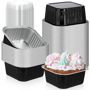 Skylety 100 Pcs 5 oz Mini Square Baking Pan with Lid Aluminum Foil Cupcake Pan Brownie Baking Cup Disposable Ramekins Individual Tin Dessert Containers for Kitchen (Black)