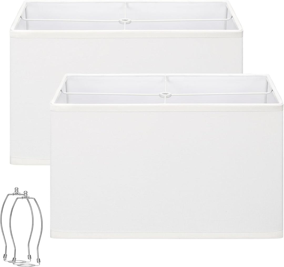 White Rectangle Lamp Shades Set of 2, 16"L x 8"W x 10"H, Large Replacement Lampshades for Table Lamps Floor Lamps, Natural Linen Bedside Lamp Shades, Spider, Harp Holders Included, Easy Assembly