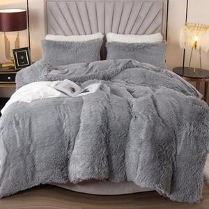EMME Plush Shaggy Duvet Cover Set Queen Size 3 Pieces Fluffy Fuzzy Comforter Cover Set for Queen Bed Luxury Soft Bedding Duvet Covers (Grey, Queen)