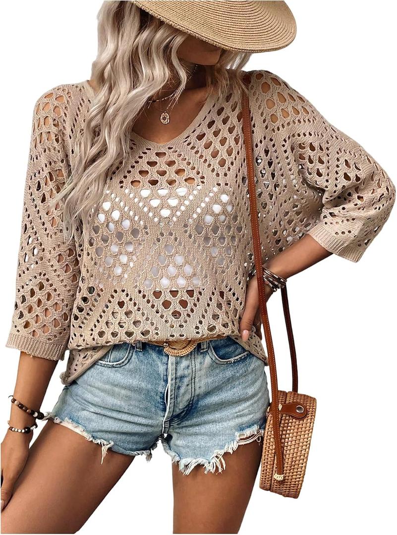 BEAUDRM Women's Crochet Tops 3/4 Sleeve Summer Sweater Cover Up Beach Vacation Outfits