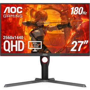 AOC Q27G3XMN 27" QHD Gaming Monitor, 2560x1440, Mini LED, 180Hz 1ms GtG, HDR 1000, sRGB137.5%, HDMI 2.0 x 1, DisplayPort 1.4 x1, Adaptive Sync, 3-Year Zero-Bright-dot