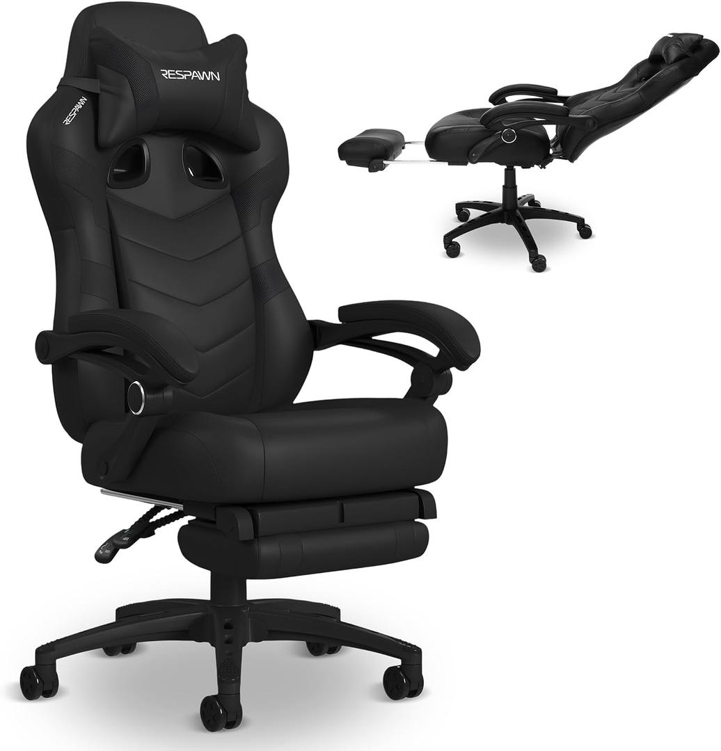 RESPAWN 110 Pro Ergonomic Gaming Chair with Footrest for Adults - Comfortable Office Gaming Recliner with Lumbar Support and Headrest, Racing Style Video Game Chairs for Computer Gamer - Black, 28"d X 26.4"w X 51.2"h