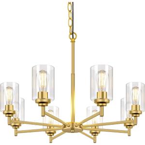 Sucolite 33.5'' 8-Light Chandelier for Dining Room Kitchen Island, Modern Farmhouse Pendant Lighting with Glass Shades Industrial Gold Hanging Ceiling Light Fixture for Living Room, Height Adjustable