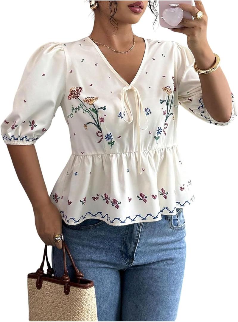 SOLY HUX Women's Floral Print Tie Front V Neck Summer Peplum Blouse Half Sleeve Boho Babydoll Shirt Tops (Large)