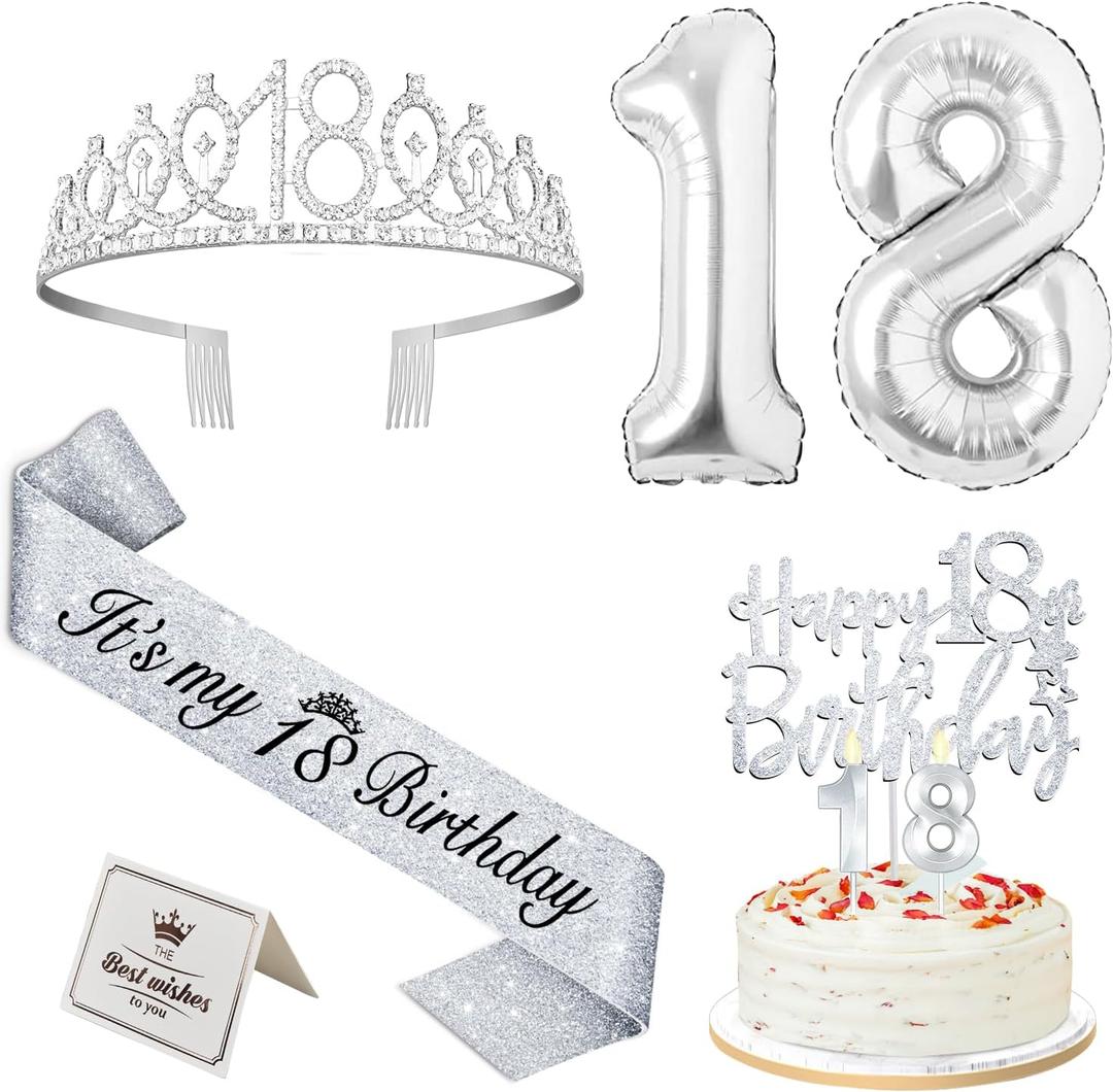 18th Birthday Decorations for Girls Silver with 18th Birthday Sash and Tiara, Cake Topper and Candles, Silver Number Balloons, 18 Year Old Gifts for Girls