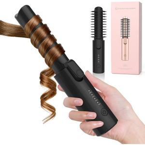 Cordless Curling Iron Rechargeable, 3-in-1 Portable Hair Curler Straightener Brush, 7000mAh with 4 Temps, Anti-Scald & Anti-Frizz Mini Curling Wand for Travel Styling (Black)