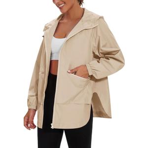 PESION Womens Waterproof Raincoat Lightweight Rain Jacket Trench Coat Hooded Windbreaker With Pockets for Outdoor (Beige, XL)