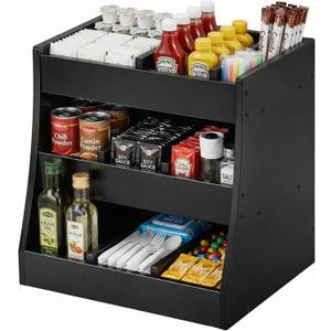 Blulu 3-tier Adjustable Condiment Organizer for Countertop Condiment Food Beverage Holder Wooden Condiments Bottle Sauce Packet Organizer Bin for Coffee Shops Restaurants Bars 14.5" x14.8" x 11.75"