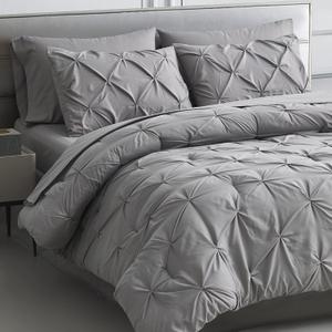 Maple&Stone King Comforter Set - 7 Pieces Pintuck Bed in A Bag King Pleat Pinch - Comforters King Size - Comforter Set with Flat Sheet, Fitted Sheet and Pillowcases & Shams (Grey)