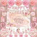 Happy Mothers Day Decorations, All-in-1 Kit with Rose Gold Pink Foil Fringe Curtains Banner Backdrop Balloons Centerpieces Cupcake Toppers Pom Poms Streamers for Best Mom Ever Spring Flower Birthday